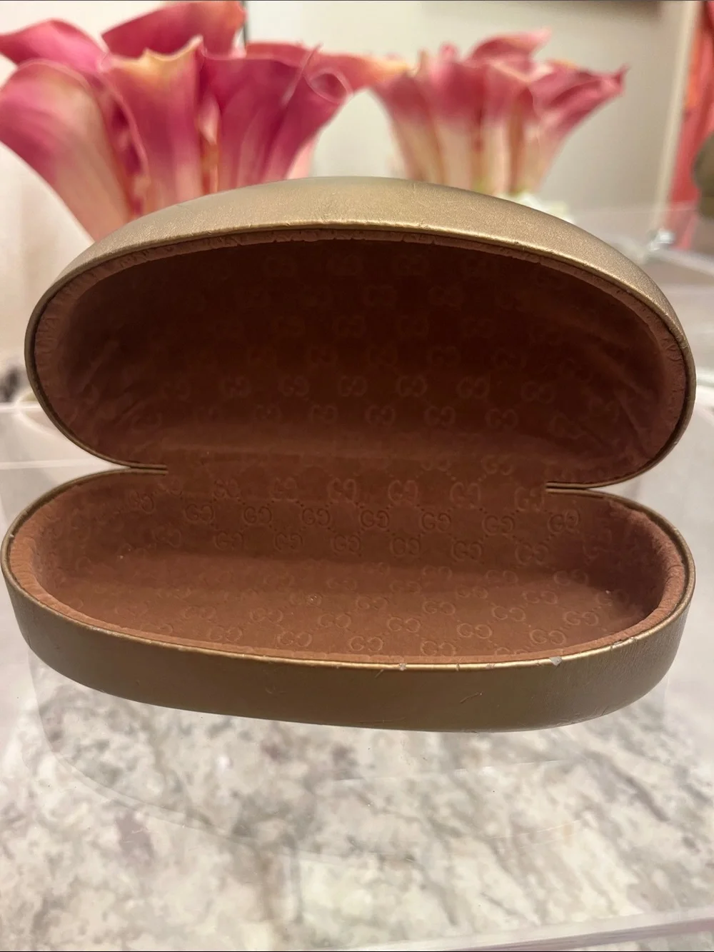 Gucci Metallic Gold Eyeglass Case with Brown Interior